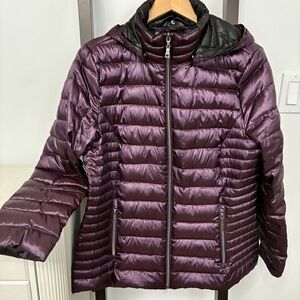 Nuage Purple Puffer Jacket with button on Hood. Size large petite. Down filled